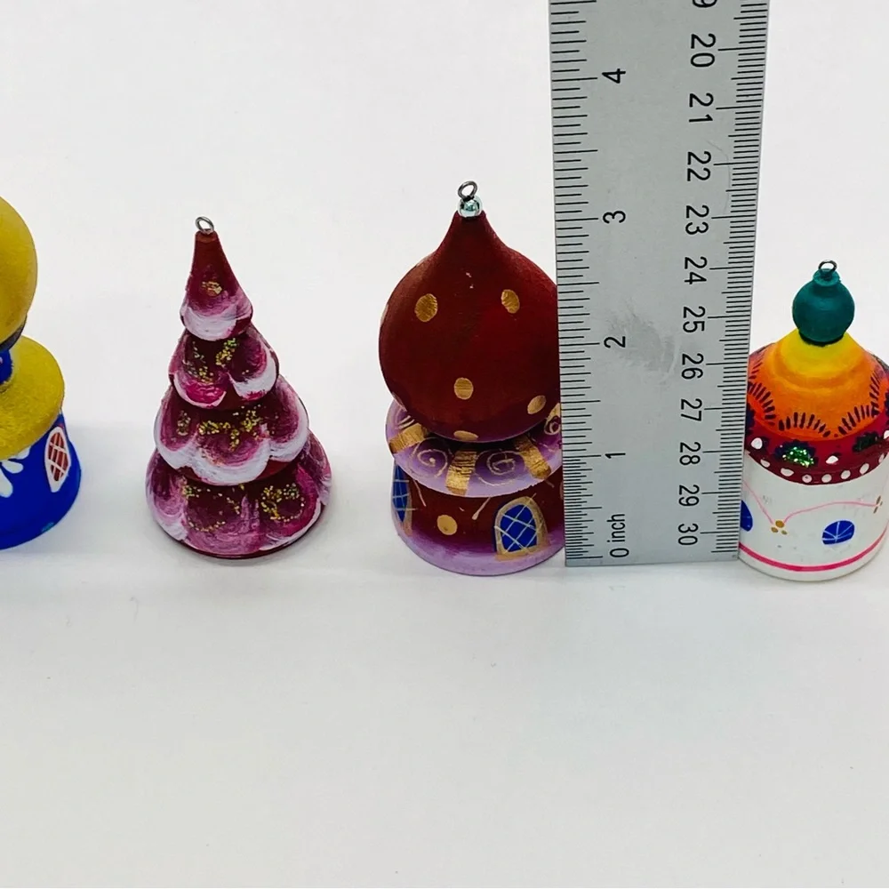 Wooden Hand Painted Set of 5 Christmas Tree Ornaments Church Tree Russian Color